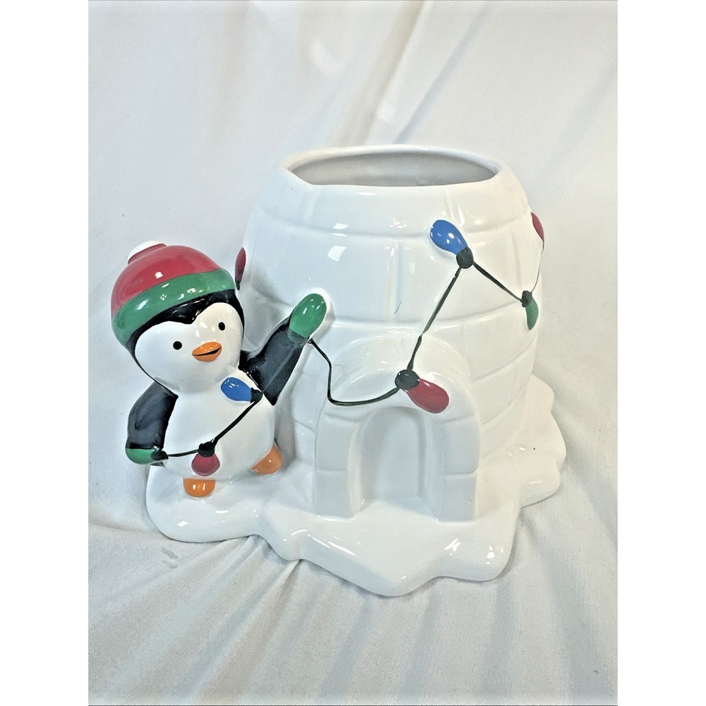 Igloo planter penguin decorating igloo With Christmas lights Very Cute Teleflora